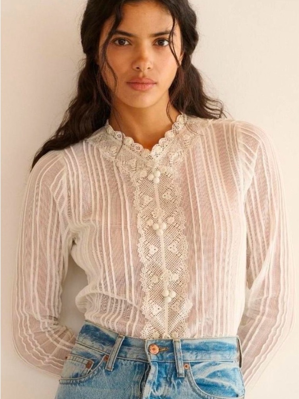 DOEN Octavia Lace-Trim Sheer Button Front Blouse - Cream